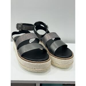 Diba True Day Line 8 Espadrille Black Gunmetal Leather Platform Espadrille NIB